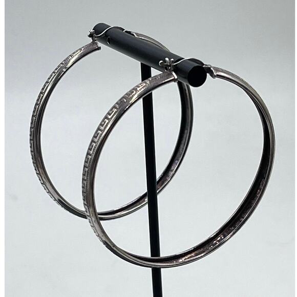Sterling Silver 925 Stamped Large Greek Pattern 2.25” Hoop Pierced Earrings - Picture 5 of 8